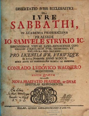 Dissertatio Iuris Ecclesiastici De Iure Sabbathi