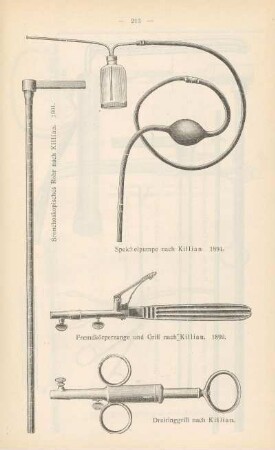 Bronchoskopisches Rohr nach Killian. 1901 ; Speichelpumpe nach Killian. 1894 ; Fremdkörperzange und Griff nach Killian. 1899 ; Reiringgriff nach Killian