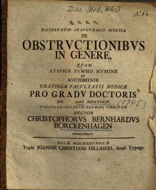 Dissertatio Inavgvralis Medica De Obstrvctionibvs In Genere