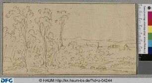 Waldlandschaft mit Blick über eine Ebene. Sieben Linkskulissen und Prospekt. Halbentwurf (?)