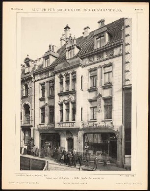 Kauf- und Wohnhaus Große Steinstraße, Halle/Saale: Ansicht (aus: Blätter für Architektur und Kunsthandwerk, 11. Jg., 1898, Tafel 86)