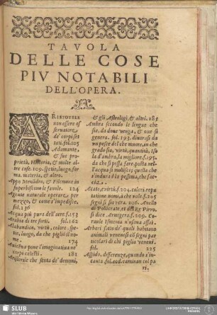 Tavola Delle Cose Piu Notabili dell'Opera