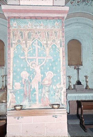 Kreuzigung Christi unter einem Baldachin mit Maria, Johannes und Markgraf Wilhelm von Jülich mit Frau als Stiftern