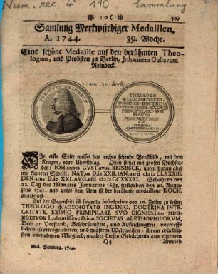 Samlung merkwürdiger Medaillen : in welcher wöchentlich ein curieuses Gepräg, meistens von modernen Medaillen, ausgesuchet, und nicht nur fleisig in Kupfer vorgestellet, sondern auch durch eine historische Erläuterung hinlänglich erkläret, 1744, Woche 39