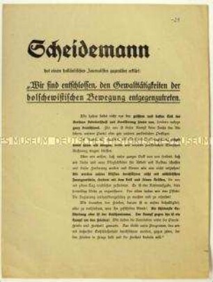 Flugblatt mit einem Interview-Zitat von Philipp Scheidemann gegen den Bolschewismus