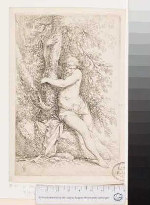 Akt, an einem Baum sitzend
