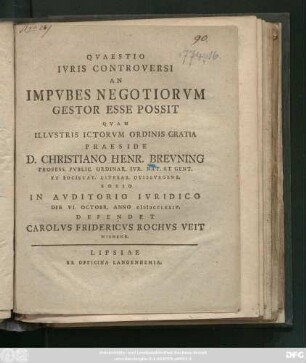 Qvaestio Ivris Controversi An Impvbes Negotiorvm Gestor Esse Possit