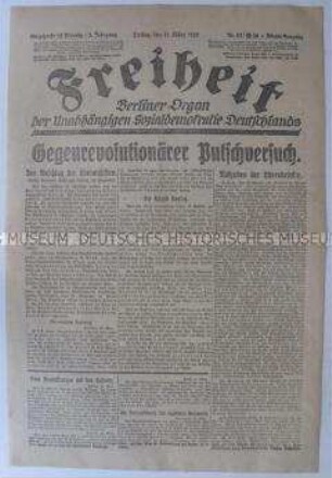 Titelblatt der Tageszeitung der USPD "Freiheit" zum Kapp-Putsch