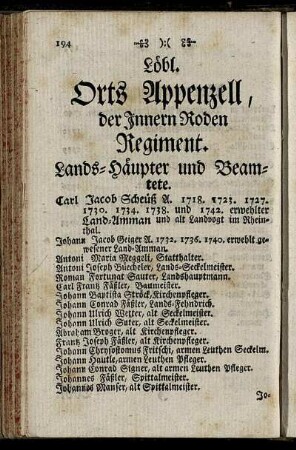 Löbl. Orts Appenzell, der Innern Roden Regiment. - Löbl. Orts Appenzell, der Usseren Roden. Regiment.