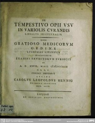 De Tempestivo Opii Usu In Variolis Curandis Libellus Inauguralis