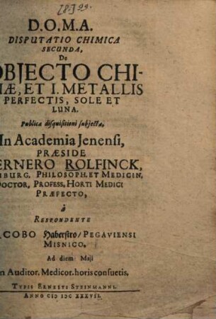 Disputatio Chimica ..., 2. De Objecto Chimiae, Et I. Metallis Perfectis, Sole Et Luna