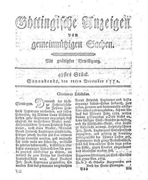 49stes Stück. Sonnabends, den 12ten December 1772.
