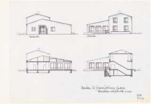 Evangelisches Gemeindehaus, Berlin-Gatow Erweiterung: (Lichtpause von Inv.Nr. 38663): Ansicht Nord-Süd und Schnitte 1:100