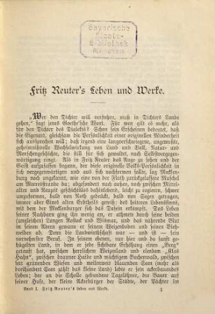Sämmtliche Werke : Volks-Ausg. in 7 Bd., 1. Einleitung. Fritz Reuter's Leben und Werke. Ausgewählte Briefe. Läuschen un Rimels I