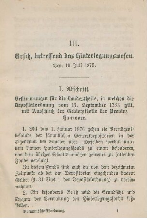 III. Gesetz, betreffend das Hinterlegungswesen. Vom 19. Juli 1875.