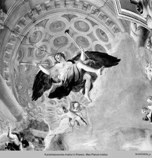 Galerie mit Architekturmalerei : Freskendekoration mit Architekturmalerei und allegorischen Figuren