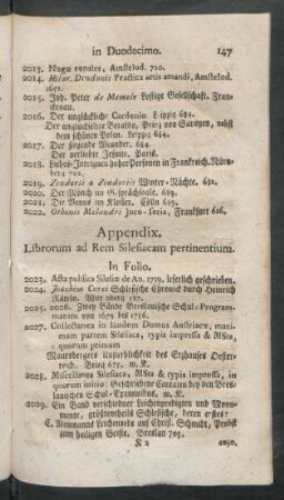 Appendix. Librorum ad Rem Silesiacam pertinentium