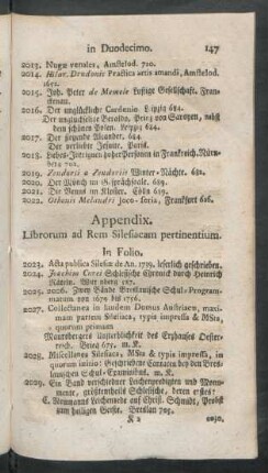 Appendix. Librorum ad Rem Silesiacam pertinentium