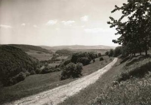 Kreischaer Becken. Blick von Sobrigau über den Lockwitzgrund mit Hummelmühle und Gombsen. Blick gegen den Wilisch (476 m) und die Hermsdorfer Höhe