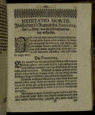 Meditatio Mortis. Welche Herr D. Rappolt seel. Anno 1674. den 24. May [...] auffgesetzt.