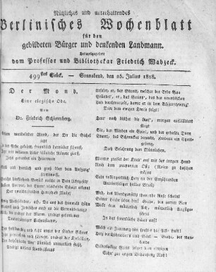499stes Stück, Sonnabend den 25. Julius 1818