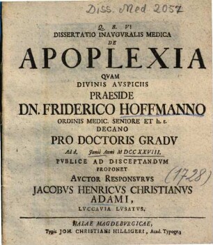Dissertatio Inavgvralis Medica De Apoplexia