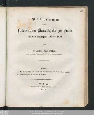 1853: Programm der Lateinischen Hauptschule in Halle : für d. Schuljahr ...