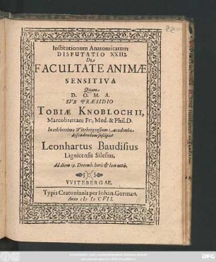 Institutionum Anatomicarum Disputatio XXIII. De Facultate Animae Sensitiva