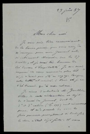 Nr. 5: Brief von Camille Jordan an Felix Klein, Ohne Ort, 29.6.1887