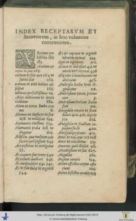 Index receptarum et secretorum in hoc volumine contentorum.