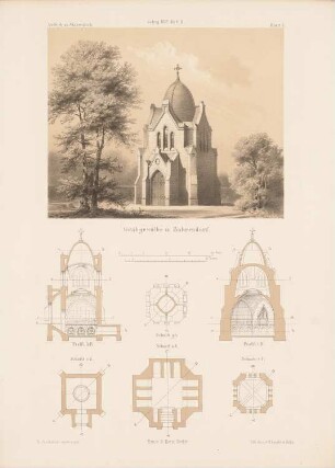 Grabgewölbe, Bahrendorf: Grundriss, Ansicht, Schnitte (aus: Architektonisches Skizzenbuch, H. 113/2, 1872)