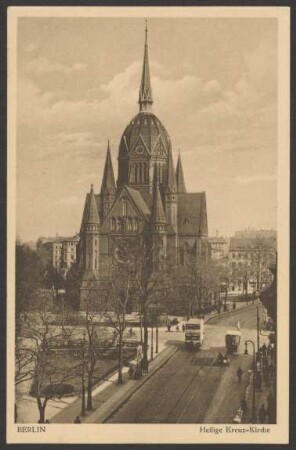Ansichtskarte "Heilige Kreuz-Kirche" und Doppeldeckerbus