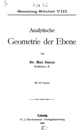 Analytische Geometrie der Ebene : Mit 96 Figuren