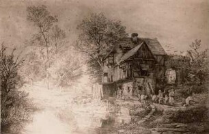 Mühle am Wasser mit Staffage : Nitzschka, Wassermühle, Zeichn., 1848