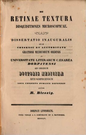 De retinae textura disquisitiones microscopicae : dissertatio inauguralis