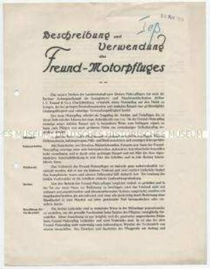 Beschreibung und Verwendung des Motorpfluges