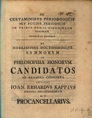 De certaminibus periodonicis, s. potius periodicis in tribus numis Sidoniorum exhibitis ... Pr.