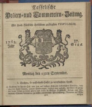 37. Stueck, Montag den 13ten September 1762