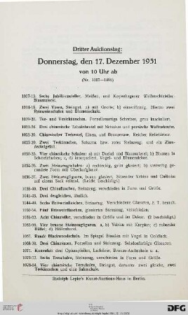 Dritter Auktionstag: Donnerstag, den 17. Dezember 1931 von 10 Uhr ab (Nr. 1007-1496)