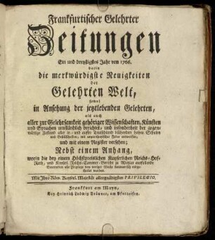 31: Frankfurtischer gelehrter Zeitungen Ein und dreyßigstes Jahr