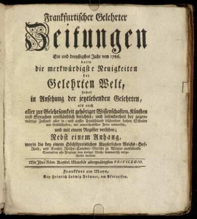 31: Frankfurtischer gelehrter Zeitungen Ein und dreyßigstes Jahr