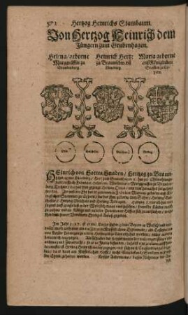 Wappen. Helena/ geborne Marggräffin zu Brandenburg. und Heinrich Hertz: zu Braunschw. un Lüneburg. und Maria geborne auß Königlichen Stamen zu Cypern.