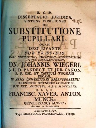 Diss. iur. sistens positiones de substitutione pupillari