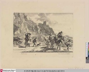 [Umherziehende Bauern und Bäuerinnen in bergiger Landschaft; Peasant and wife, each riding on a donkey]