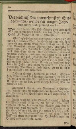 Verzeichniß der vornehmsten Entdeckungen, welche seit einigen Jahrhunderten sind gemacht worden.