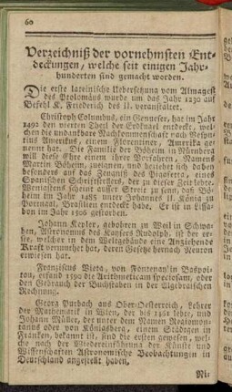 Verzeichniß der vornehmsten Entdeckungen, welche seit einigen Jahrhunderten sind gemacht worden.