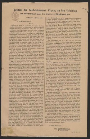 Petition der Handelskammer Leipzig an den Reichstag, den Gesetzentwurf gegen den unlauteren Wettbewerb betr.
