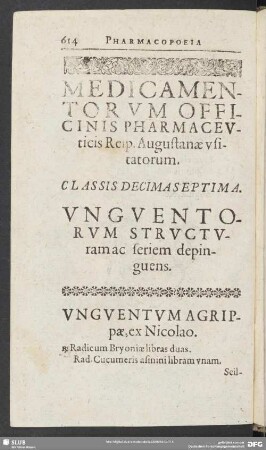Medicamentorum Officinis Pharamceuticis Reip. Augustanae usitatorum. Classis Decima Septima