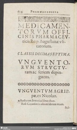 Medicamentorum Officinis Pharamceuticis Reip. Augustanae usitatorum. Classis Decima Septima