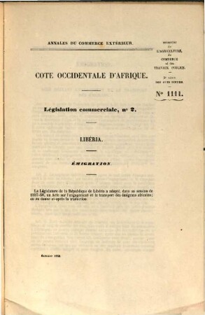 Annales du commerce extérieur. Côte occidentale d'Afrique. Législation commerciale. 1/2, 1/2. 1856/58